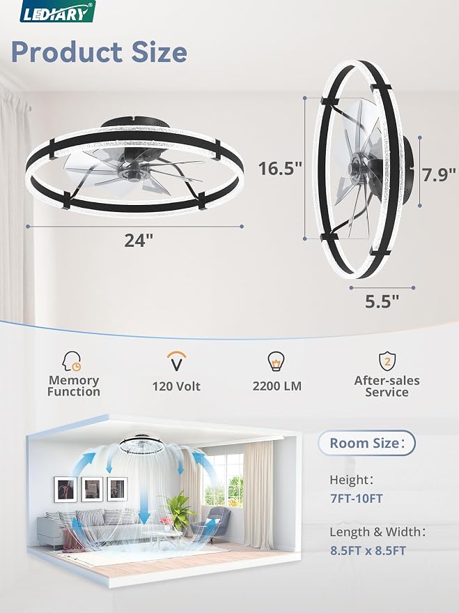 LEDIARY 24" Ceiling Fans with Lights and Remote, Black Low Profile Ceiling Fan with Light, 3000-6000K Dimmable Fandelier Ceiling Fans, Modern Flush Mount Fan Light for Bedroom-2 Pack