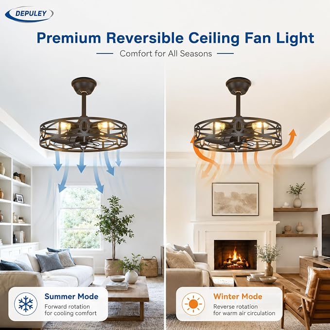 Depuley Caged Ceiling Fans with Light: 20-Inch Black Metal Enclosed Farmhouse Fandelier for Kitchen Bedroom - Industrial Semi Flush Mount Ceiling Fans with Remote 6 Speeds Reversible Motor Timer