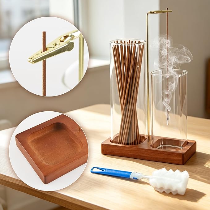 2 in 1 Incense Holder, Wooden Incense Holder for Sticks with Glass Ash Catcher & Storage, Anti-Ash Flying Incense Burner for Meditation, Yoga, Spa Home Boho Decor (Brown)
