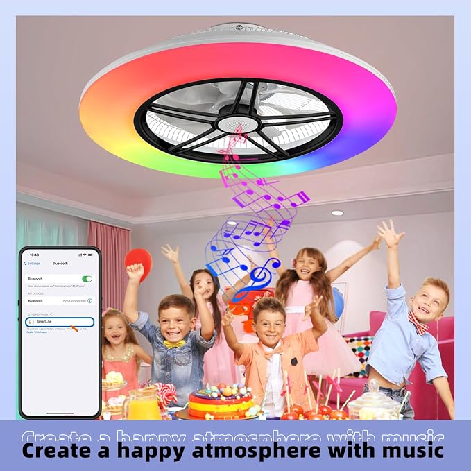 BAYSQUIRREL Alexa WiFi Low Profile Ceiling Fan with Light Flush Mount Enclosed Ceiling Fan LED Dimmable Bladeless Ceiling Fans with Google Assistant/App Control,6 Speed Dimmable LED-RGB Lights 22inch