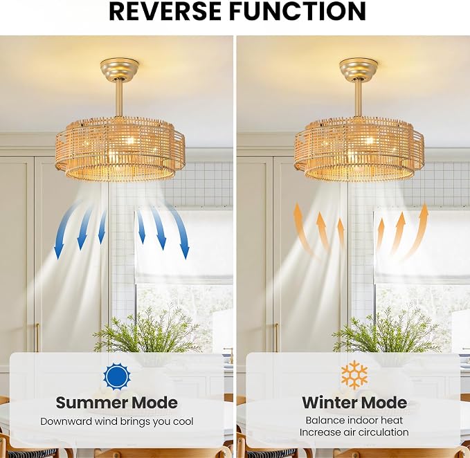 KAISITE Boho Caged Ceiling Fan with Light and Remote Control 19" Rattan Fandelier 6 Speeds Bladeless Ceiling Fan Semi Flush Mount Chandelier Fan for Bedroom Living Room Nursery