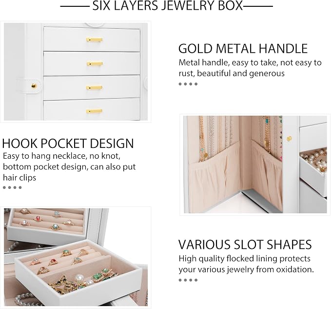 AKOZLIN 6-Tier Jewelry Box Organizer Functional 5 Drawers Leather Jewelry Storage Case for Women Girls Ring Necklace Earring Bracelet Holder Organizer with Mirror White Large