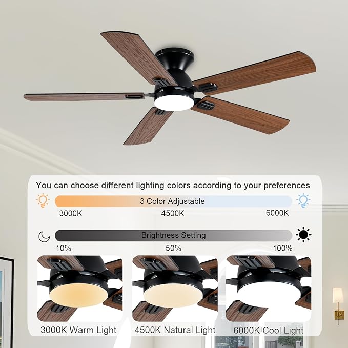 GJeg Ceiling Fans with Lights, 52 Inch Low Profile Ceiling Fan with Light and Remote, Flush Mount Ceiling Fan, 3CCT, Dimmable, Noiseless, Ceiling Light Fan for Bedroom, Indoor/Outdoor Use,Brown