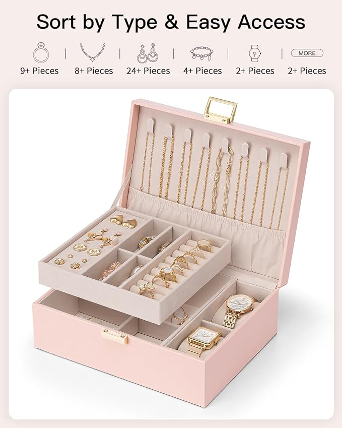 VLANDO 2 Layer Jewelry Box Large Jewelry Organizer for Women Removable Jewelery Tray with Watch Pillow for Necklace Earrings Rings Bracelets Jewelry Boxes for Holidays Gifts (Pink)