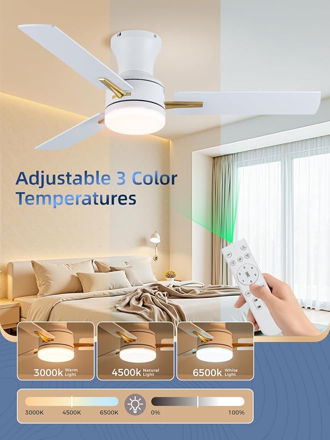 LANMEL 42 Inch Flush Mount Ceiling Fan with Light, App&Remote Control, Low Profile Modern Ceiling Fan, 6 Speed, Reversible, 3000k-6500k Dimmable LED, Quiet DC Motor for Indoor Outdoor, Gold White