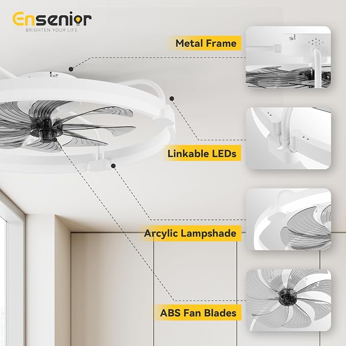 Ensenior Ceiling Fans with Lights and Remote, 24'' Low Profile Ceiling Fan Flush Mount, APP Control, 6 Speed, 3CCT, Quiet Reversible DC Motor, Dimmable Modern Ceiling Fan with Light for Bedroom-White