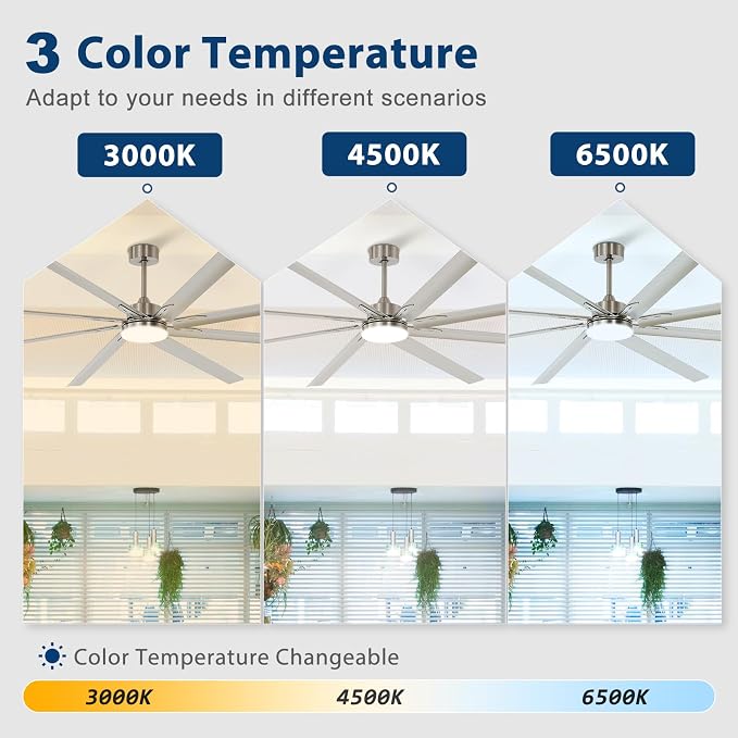 Outdoor Ceiling Fan with Remote: 100 Inch Large Fan - Industrial Ceiling Fan with Light for Patio Shop Garage Brushed Nickel Silver