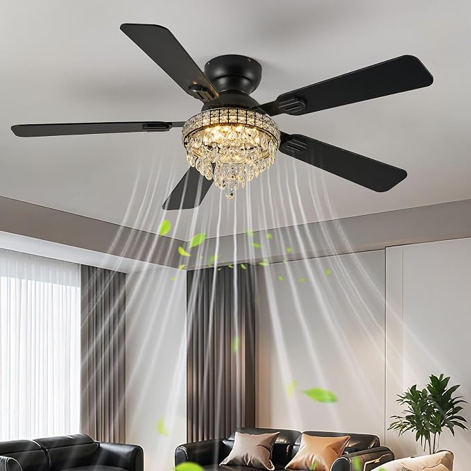 52“ Crystal Ceiling Fans with RGB Lights, Remote/App Control, Modern Fandelier Ceiling Fan Flush Mount, Reversible DC Motor, Dimmable, Bedroom Chandelier Fan, (Black)