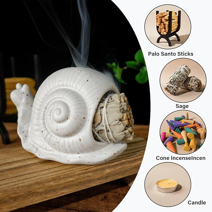 MOUGIGI White Ceramic Snail Palo Santo Holder & Modern Chiminea Incense Burner - Elegant Cone Burner for Palo Santo Sticks & Sage - Perfect for Energy Cleansing, Yoga, Meditation, Zen Decor, Altar
