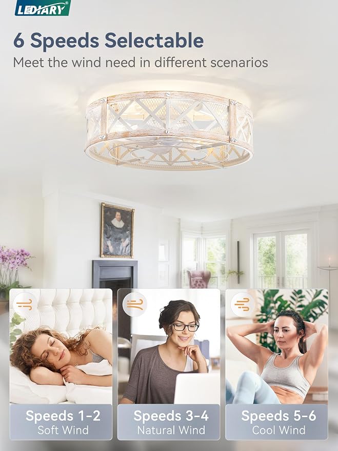 LEDIARY 20" Caged Ceiling Fan with Light, APP&Remote Control, Small Flush Mount Farmhouse Fan Lights, Low Profile Rustic Bladeless Ceiling Fan Fixtures for Bedroom, Kitchen-White Gold Color