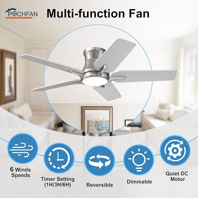POCHFAN 42 Inch Ceiling Fans with Lights and Remote, Brushed Nickel Flush Mount Low Profile Ceiling Fan for Bedroom, Living Room, Patio, Dimmable 6 Speeds Noiseless Reversible, ETL Listed