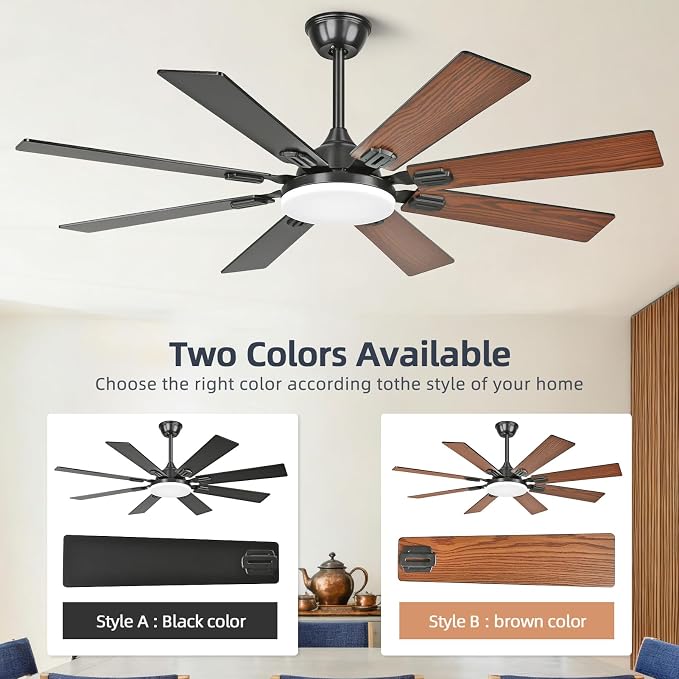 52" Ceiling Fans with Lights and Remote,Modern Ceiling Fan with 8 Dual Finish Blades,Quiet Reversible Motor， Farmhouse Ceiling Fan with RGB Lights for Bedroom,Living Room,Patios， Brown