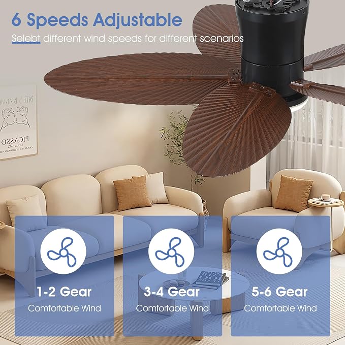 Surtime Palm Leaf Ceiling Fans with Lights-42 Tropical Ceiling Fan with Light and Remote/APP Control,Flush Mount Low Profile Ceiling Fans for Bedroom,Indoor/Outdoor Patio Use(Brown)