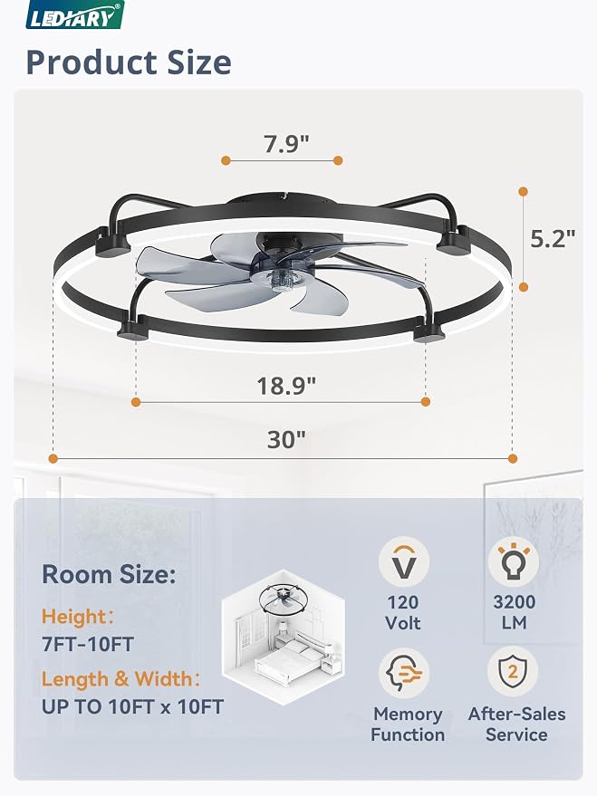 LEDIARY 30" Ceiling Fans with Lights and Remote, Low Profile Led Fan Light | Stepless Dimmable Fandelier, 6 Wind Speeds, Remote and APP Control, Flush Mount Ceiling Fan for Bedroom, Living Room, Black