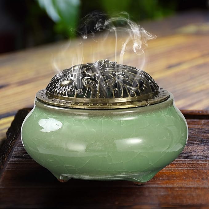 Miupoo Stick Incense Burner and Cone Incense Holder with Brass Incense Stick Holder Ceramic Ash Catcher (Light Green)