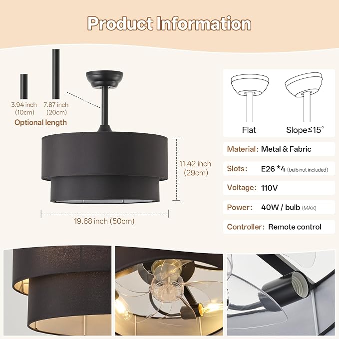 20" Farmhouse Ceiling Fans with Lights, Black Boho Fandelier Chandelier Ceiling Fan with Light Remote Control, Caged with 6 Speeds for Living Room, Bedroom, Nursery