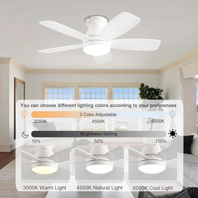 JSAITEE Ceiling Fans with Lights, 42 Inch Low Profile Ceiling Fan with Light and Remote/App Control, Flush Mount, Reversible, 3CCT, Dimmable, Noiseless, White Ceiling Fan for Indoor/Outdoor Use
