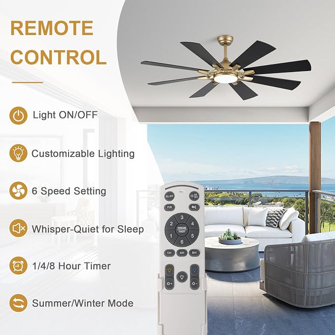 Bella Depot 60" Black and Gold Ceiling Fan with Light & Remote | Dimmable LED Light, 3CCT, 6-Speed Quiet Reversible DC Motor, Timer, Modern Indoor Ceiling Fan for Bedroom Living Room Patio