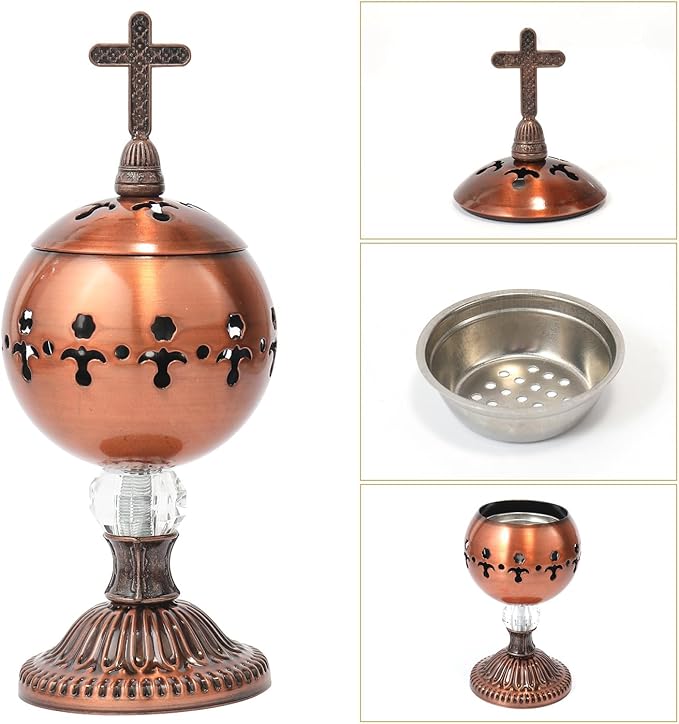 Nazareth Store Incense Burner Charcoal Polished Brass Censer Christian Church Incense Holder Incense Cones Cross 7.9" Aromatherapy Fragrance Ornament (Bronze)