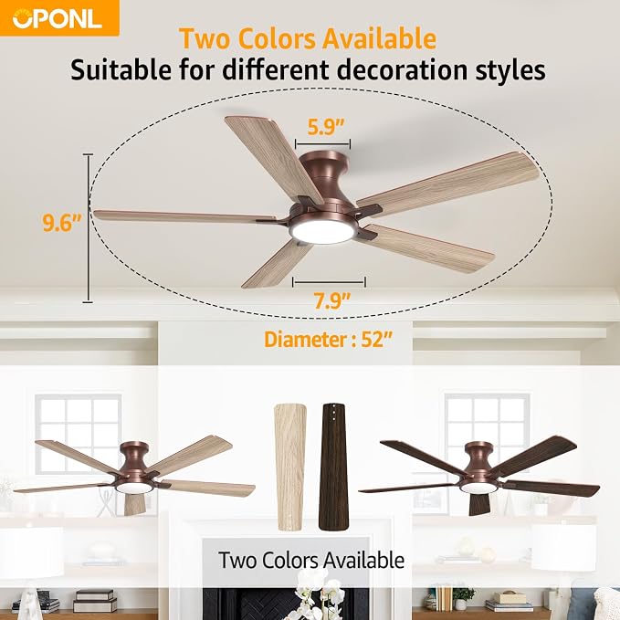 OPONL Ceiling Fan with Light, 52 inch Low Profile Ceiling fan with Light and Remote Control, Reversible, 6CCT, Dimmable, Noiseless, Brown Ceiling Fan for Bedroom, Indoor/Outdoor Use, Modern