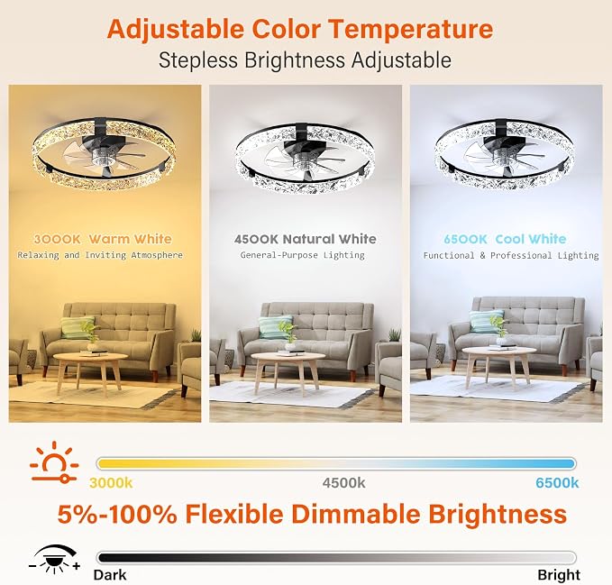 Ceiling Fans with Lights and Remote,20''Low Profile Ceiling Fan,3000-6000K Dimmable Modern Flush Mount LED Fan Light,6 Wind Speeds for Bedroom (Black, 20-inch Foldable Diamond)