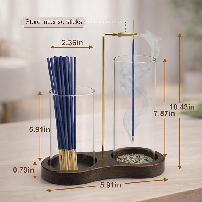 2-in-1 Incense Holder with Glass Ash Catcher & Stick Storage, Wooden Incense Burner for Relaxation, Stress Relief, Mess-Free Home Use, Self-Care, Meditation, Yoga, Bedroom & Living Room (Sapele)