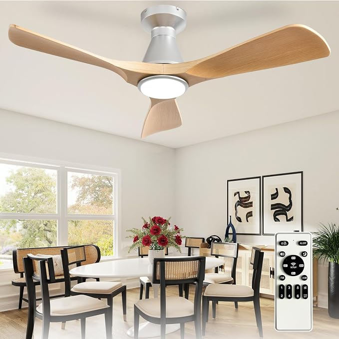 Depuley 42-Inch Ceiling Fans with Lights: Wood 3 Blade Flush Mount Low Profile Ceiling Fan for Bedroom - Dimmable Indoor Outdoor Fan with Remote Control Ultra Quiet DC Motor Timer