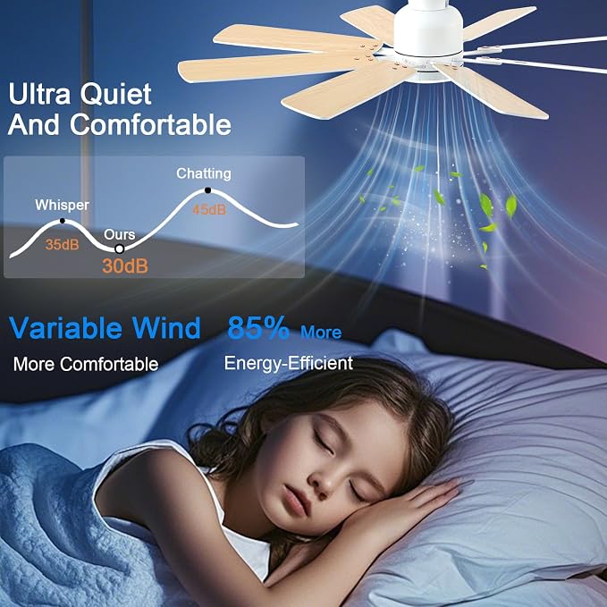 KNUN 52 Inch Ceiling Fan with Light, Low Profile Ceiling Fans with Remote and APP Control, 8 Blades, Noiseless, DC Motor, Flush Mount Ceiling Fan for Bedroom Living Room, Indoor/Outdoor White