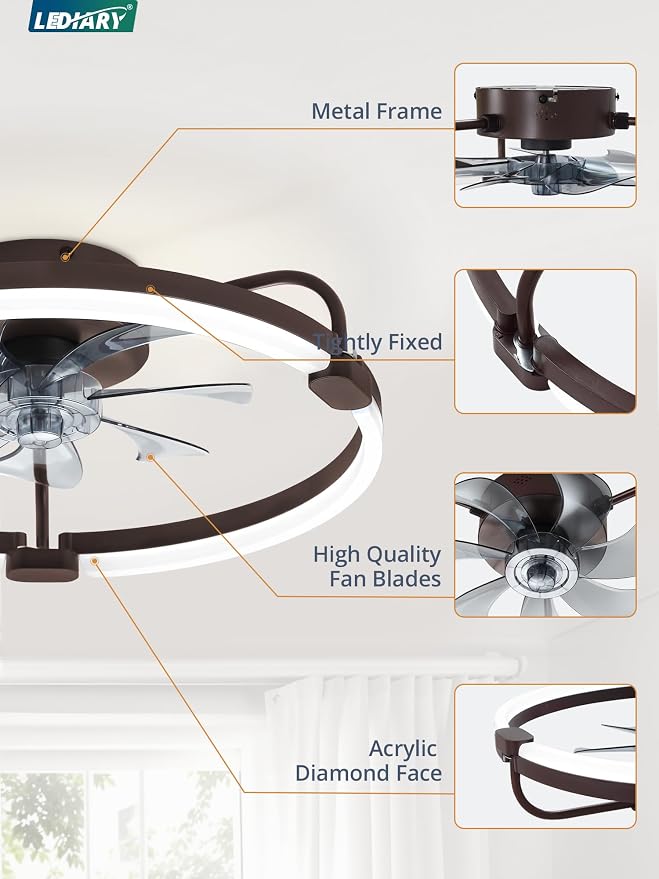LEDIARY Ceiling Fans with Lights and Remote, 20'' Low Profile Ceiling Fan with Light, 3000-6000K Dimmable Fandelier LED Fan Light, 6 Wind Speeds, Brown Modern Flush Mount Ceiling Fan for Bedroom