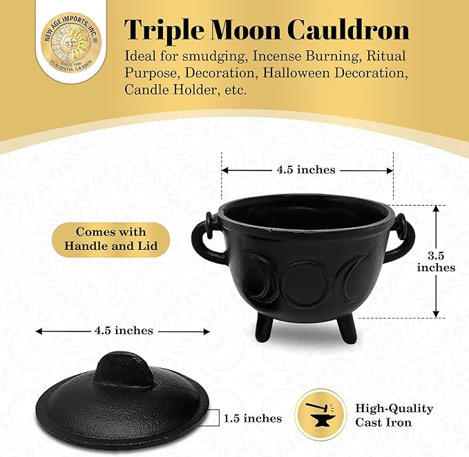 New Age Imports, Inc. Triple Moon Cast Iron Cauldron w/Handle & lid, Ideal for smudging, Incense Burning, Ritual Purpose, Decoration, Halloween Decoration, Candle Holder, etc. (Triple Moon - BR91)