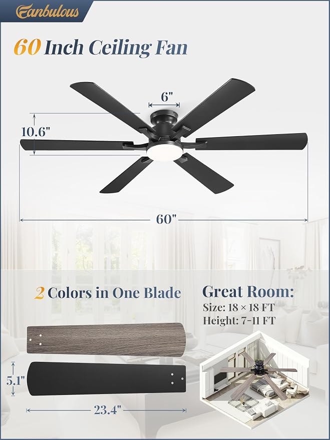 Fanbulous 60 Inch Ceiling Fan with Lights, APP & Remote Control, Flush Mount Low Profile Black Ceiling Fan, 3000-6000K Dimmable LED, Quiet Reversible Motor, 6 Blades, 6 Speeds, for Bedroom Living Room
