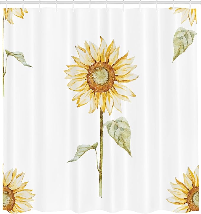 Ambesonne Sunflower Shower Curtain, Sunflowers Watercolor Painting Effect and in Minimalistic Design Art, Cloth Fabric Bathroom Decor Set with Hooks, 69" W x 84" L, Yellow Green