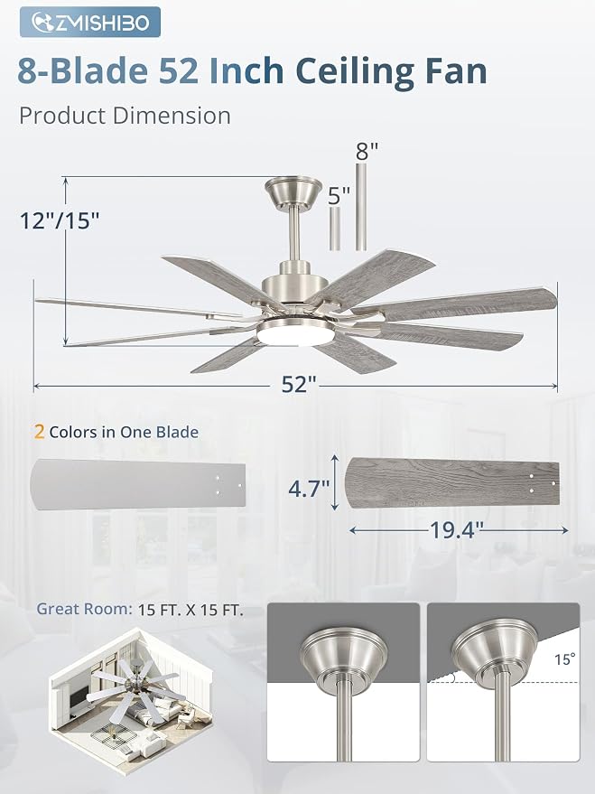 ZMISHIBO 52 inch Ceiling Fan with Light and Remote, 8 Blades Ceiling Fans with 20W LED Light, Quiet DC Motor, 6 Speeds, Stepless CCT & Dimmable, for Bedroom Living Room, Brushed Nickel