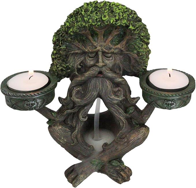 Ebros Gift Mystic Forest Celtic Greenman Tree Man God Ent Meditating Waterfall Smoke Backflow Incense Cone Burner and Double Votive Candleholders Figurine Horned God Tree of Life