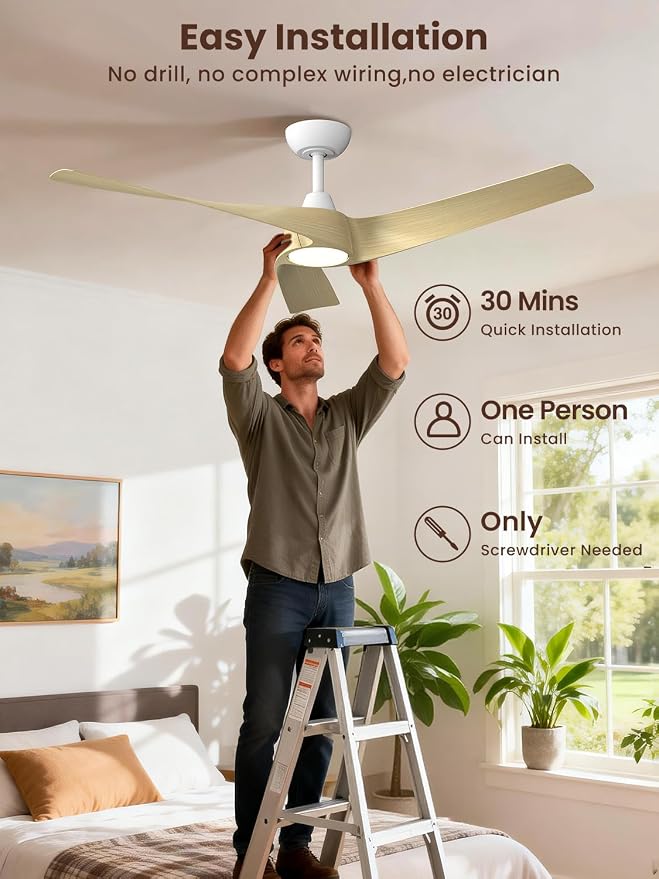 TALOYA 52 inch Modern Ceiling fan with Light, 3 Blades Ceiling Fans with Lights and remote, 3000K-6500K, Dimmable, Quiet, Outdoor Ceiling fan For Living Room, Bedroom, Patio, Farmhouse, Natural Oak
