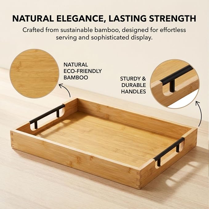 Krismax Wooden Serving Tray with Handles, Serving Platter 15.7x11.4 Inch Food Drinks Tray for Coffee Table,Decorative Storage Tray for Entertaining, Breakfast Tray in Bed,Lunch,Dinner,BBQ(Bamboo)