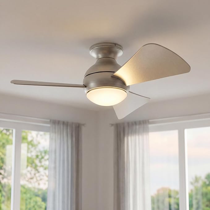 Kichler Sola 34" LED Indoor Outdoor Ceiling Fan in Brushed Nickel, 3-Blade, 3000K, (34" W x 11" H), 330150NI