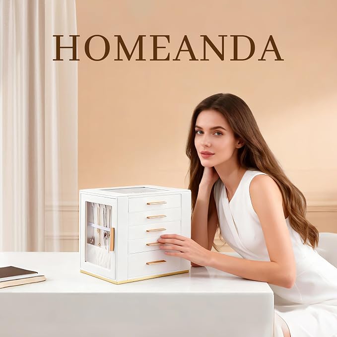 Homeanda Jewelry Box for Women with Glass Lid, 5 Drawers Jewelry Organizer and Storage for Necklaces, Rings, Earrings, Bracelets, Gift for Girls and Teens,PU Leather (White)