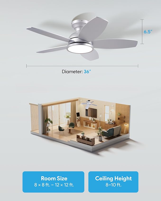 VONLUCE Ceiling Fans with Lights, 36 Inch Ceiling Fan and Remote, Full-spectrum LED Light, 3CCT, 6-Speeds Noiseless Reversible DC Motor, Modern Ceiling Fan for Bedroom Living Room Farmhouse, Nickel