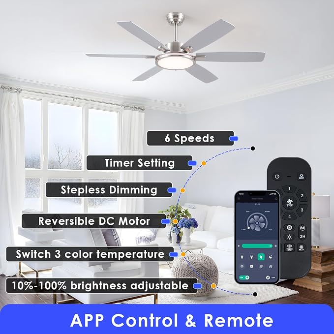 Hounber 52 Inch Ceiling Fans with Lights and Remote, Brushed Nickel Ceiling Fan with 6 Blades Dual Finish, 3CCT, Dimmable, Quiet DC Reversible Motor, Modern Ceiling Fan for Bedroom, Patio, Living Room