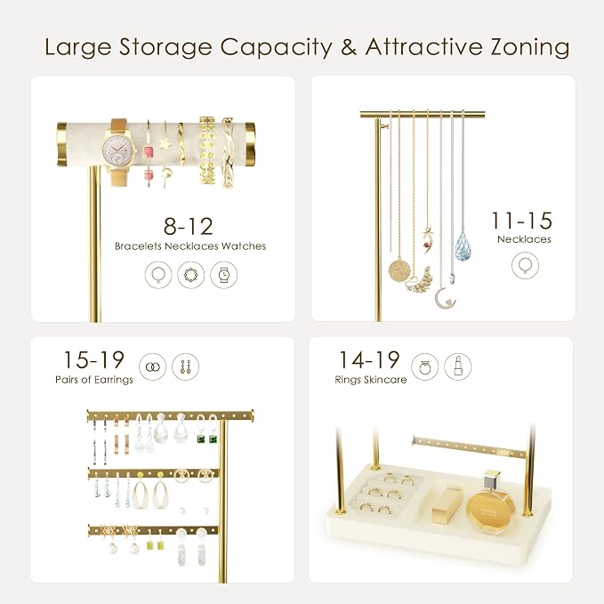 SZQINJI 5 Tier Jewelry Holder Organizer, Gold Necklace Stand Display, Beige | Velvet Bracelet Holder, Adjustable Height Jewelry Display for Necklaces, Bracelets, Earrings, Rings, Gift Idea for Women
