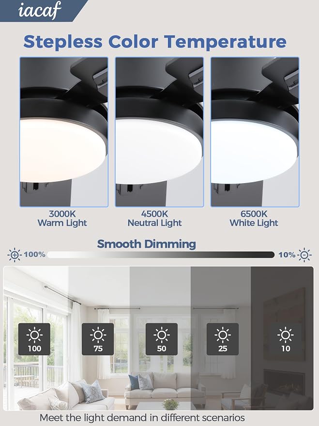 Ceiling Fans with Lights, 52 inch Low Profile Ceiling Fan with Light and Remote/APP Control, Dimmable, Quiet DC Motor, Flush Mount Ceiling Fan for Bedroom Living Room, Indoor/Outdoor Use, Black