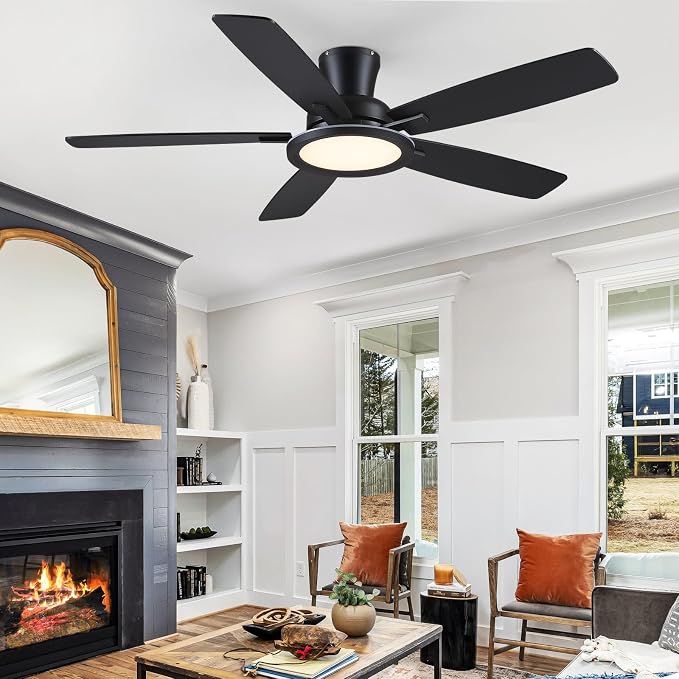 BYKISTOK Flush Mount Ceiling Fan with RGB Light - 52In Black Ceiling Fan Light with Reversible Mute Motor, LED 3CCT Dimmable, Low Profile Modern Ceiling Fans for Indoor, Party, Covered Outdoor