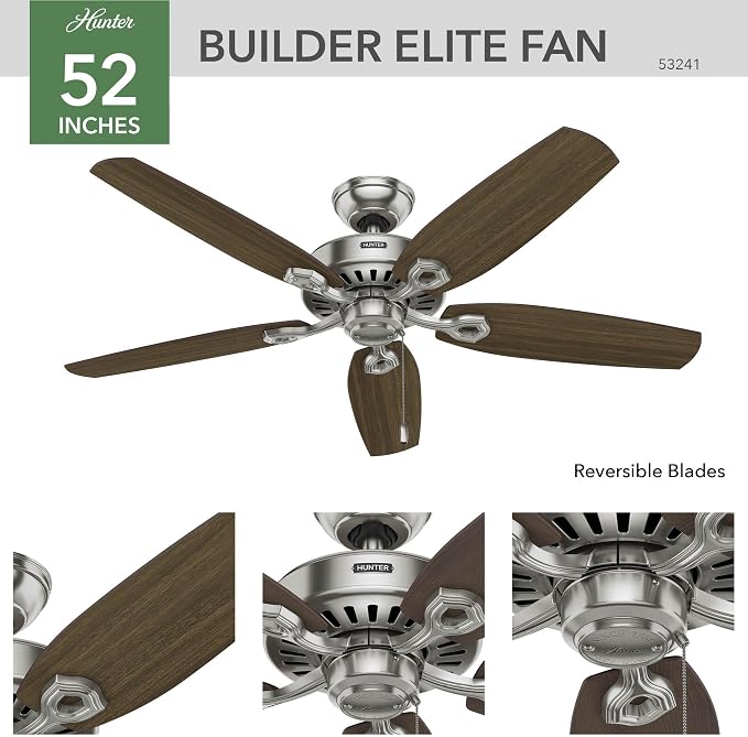 Hunter Builder Elite, Indoor, Ceiling Fan, 52 inch, Brushed Nickel