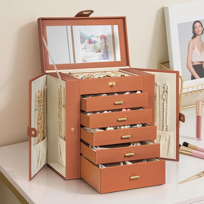 AKOZLIN 6-Tier Jewelry Box Organizer Functional 5 Drawers Leather Jewelry Storage Case for Women Girls Ring Necklace Earring Bracelet Holder Organizer with Mirror Extra Large Orange