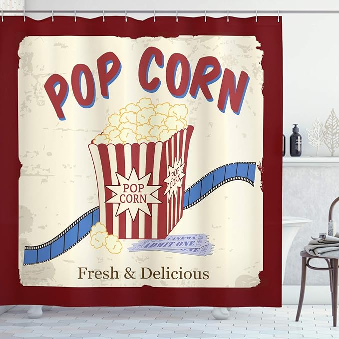 Ambesonne Movie Theater Shower Curtain, Fresh and Delicious Pop Corn Film Tickets and Strip Advertising in 60s Theme, Cloth Fabric Bathroom Decor Set with Hooks, 69" W x 70" L, Ruby Cream Blue