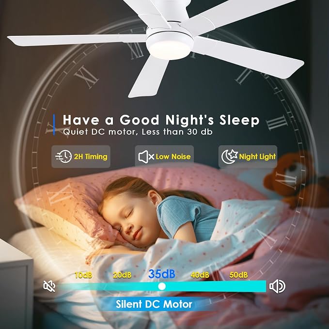 Hounberi 52" Flush Mount Ceiling Fan with Lights and Remote, Modern Black Low Profile Ceiling Fan, Quiet Reversible DC Motor, 3CCT Dimmable LED, Ideal for Bedroom, Kitchen and Low Ceilings, White