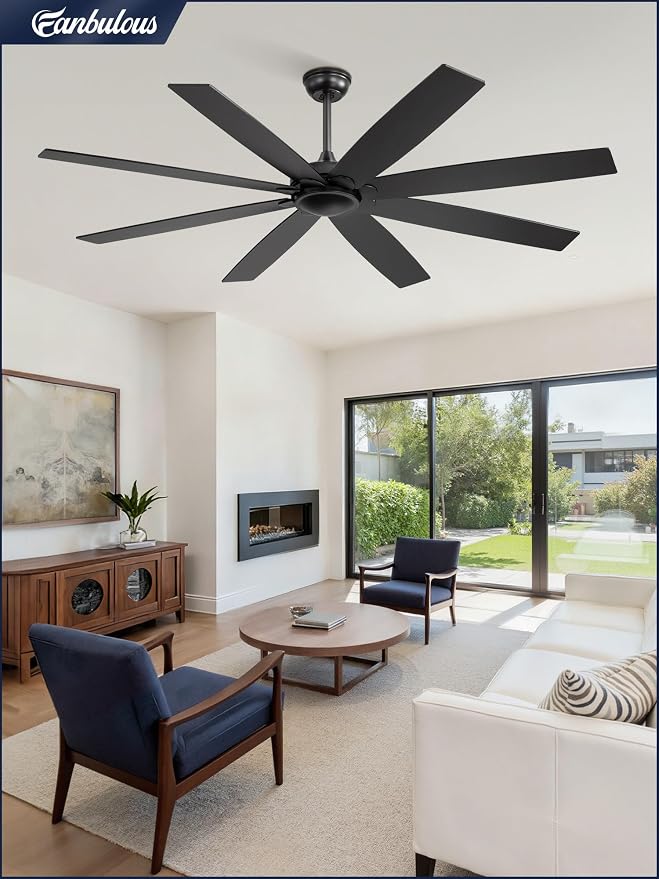 Fanbulous 65 inch Indoor/Outdoor Ceiling Fan No Light，Quiet DC Motor Fan Reversible 6-Speeds, 8 Blades Ceiling Fans with remote for Bedroom Low Profile Ceiling Fan for Living Room for Patio(Black)