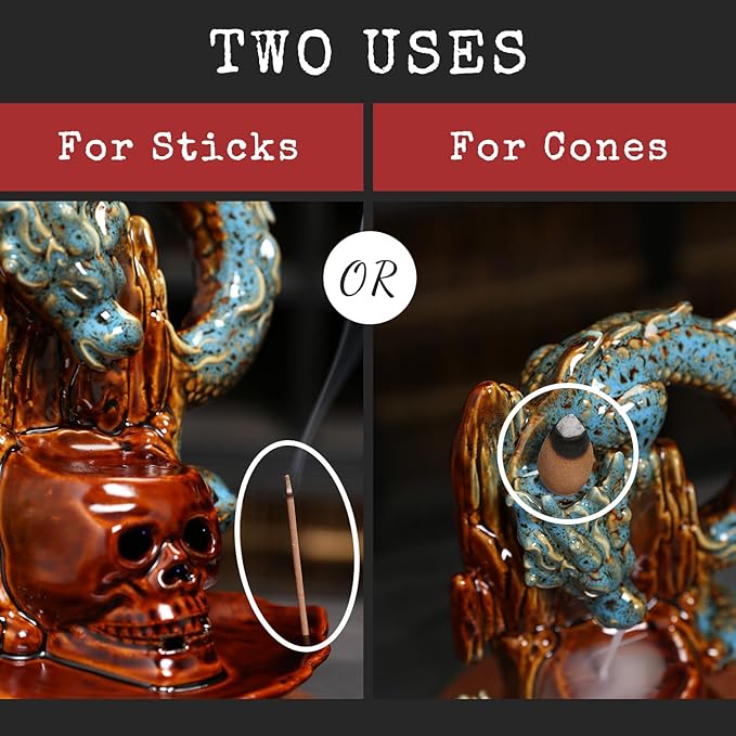 Skull Dragon Incense Burner Holder - LED Backflow Waterfall Cone Incense Holder, Ceramic Unique Skeleton Burner with Cones & Sticks for Halloween/Aromatherapy/Yoga/Home/Room/Office Deco
