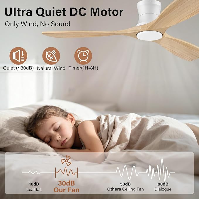 52" Flush Mount Ceiling Fans with Lights and Remote,6 Speeds DC Reversible,Dimmable,Noiseless,White& Light Wood blades Low Profile Ceiling Fans for Bedroom Living Room Patio,Modern Indoor/Outdoor